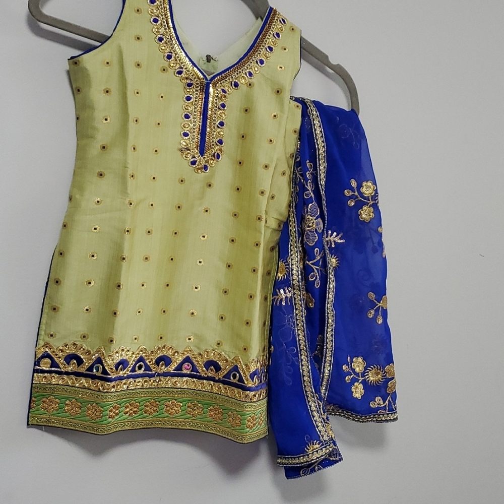 Kids Green blue kurti and plazzo with beautiful embroidery and sequins work